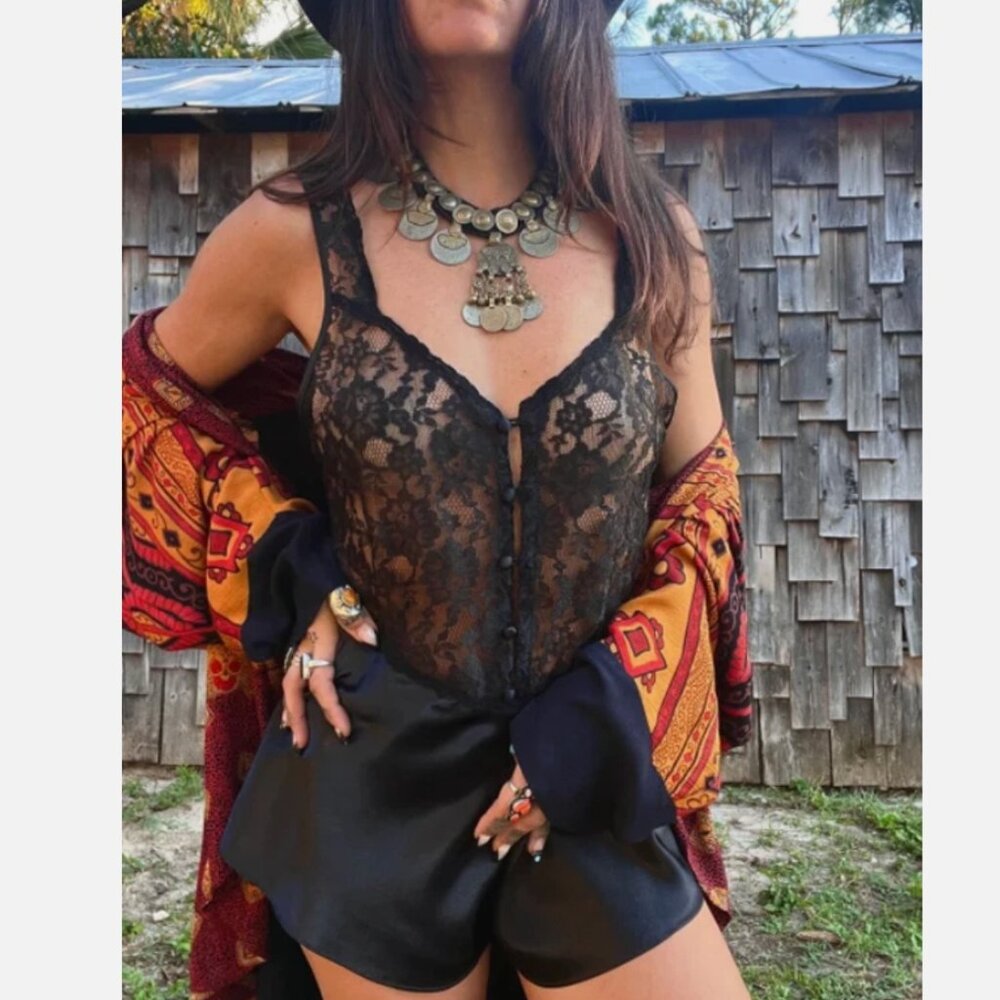 Victoria's Secret Black Satin & Lace Button Front Lingerie Romper